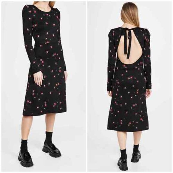 Naya Rea black red rose floral print wool Amanda knit open back midi dress - Picture 1 of 6